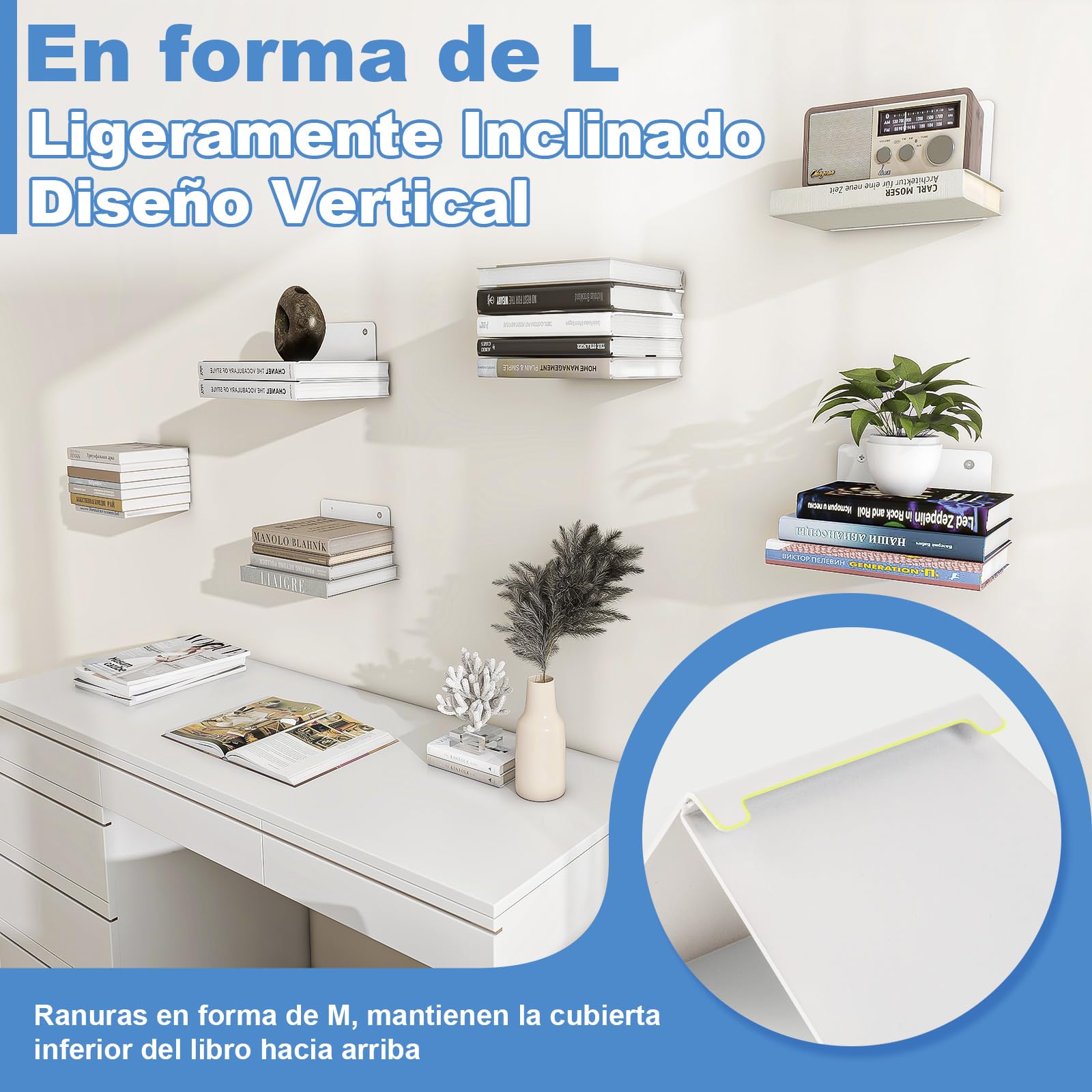 FENTEC Estantes de Libros Flotantes para Pared, Estantes de Libros Invisibles de Alta Resistencia, Estante de Libros de Metal Oculto para Decoración de Dormitorios y Oficinas, Juego de 6, Blanco