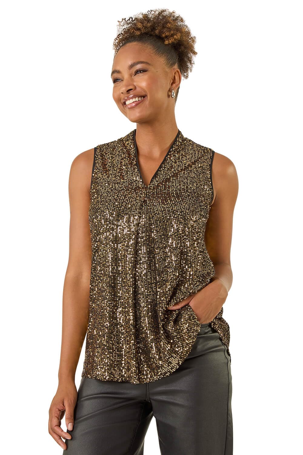 Roman Originals Women's Yellow Roman Sequin Front Pleat Vest For Uk - Autumn Everyday Winter Holiday V-Neckline Comfy Sleeveless Soft Sparkle Shirt Dinner Date Tops - Gold - Size 14