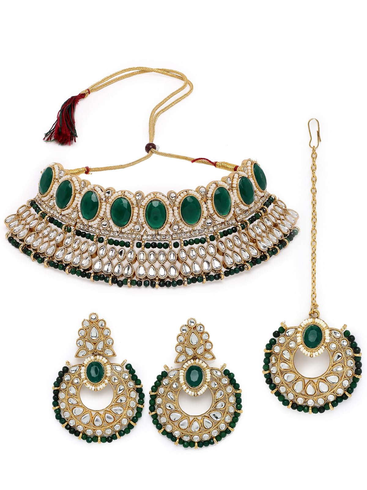 Delightful Trendy Gold Plated Rani Pink Kundan & Beads Studded Choker Necklace Set For Women-image-42