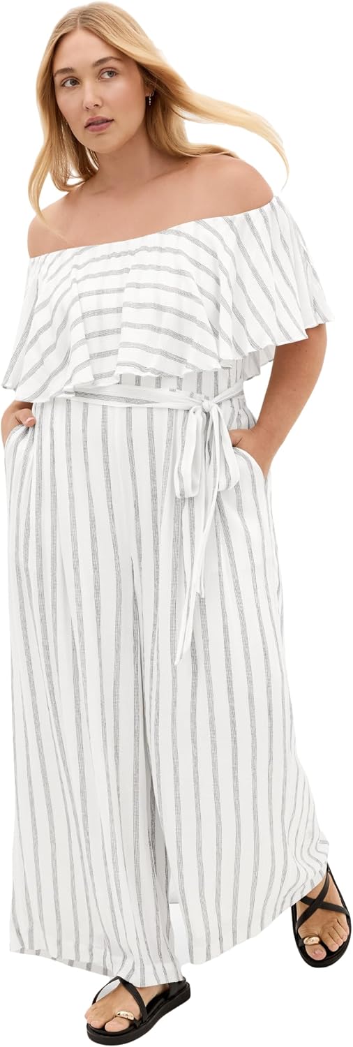 City Chic Plus Size Jumpsuit - Emery Off Shoulder Stripe