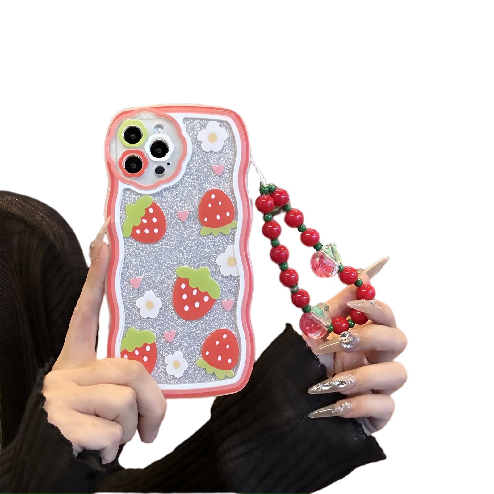 Compatible with iPhone 15 Case, Strawberry Pattern Wavy TPU Soft Case[with Beads Wrist Strap Bracelet Chain and Glitter Cardstock] for Women and Cute