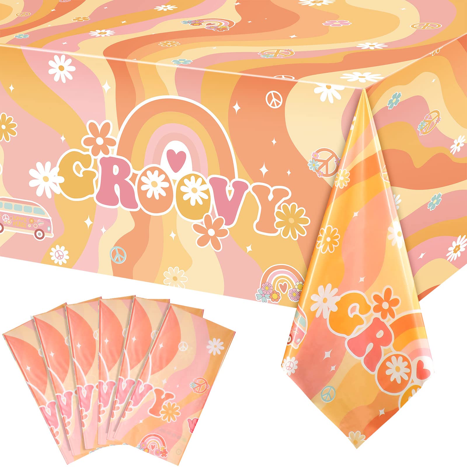 Tiamon 6 Pieces Rainbow Plastic Groovy Tablecloths Retro Hippie Table Covers for Rectangle Table, Disposable Daisy Flower Rainbow Party Decorations