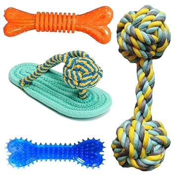 Durable Pet Toys for Puppies + Pet Teeth Chewing Dog Toys Hard Spike Bone Toy + Gums Cleaner Dumbbell Rope Toy + Sleeper Shaped Chewing Toy + Rubber Chew Bone Toy for Small and Medium Pets Pack of 4