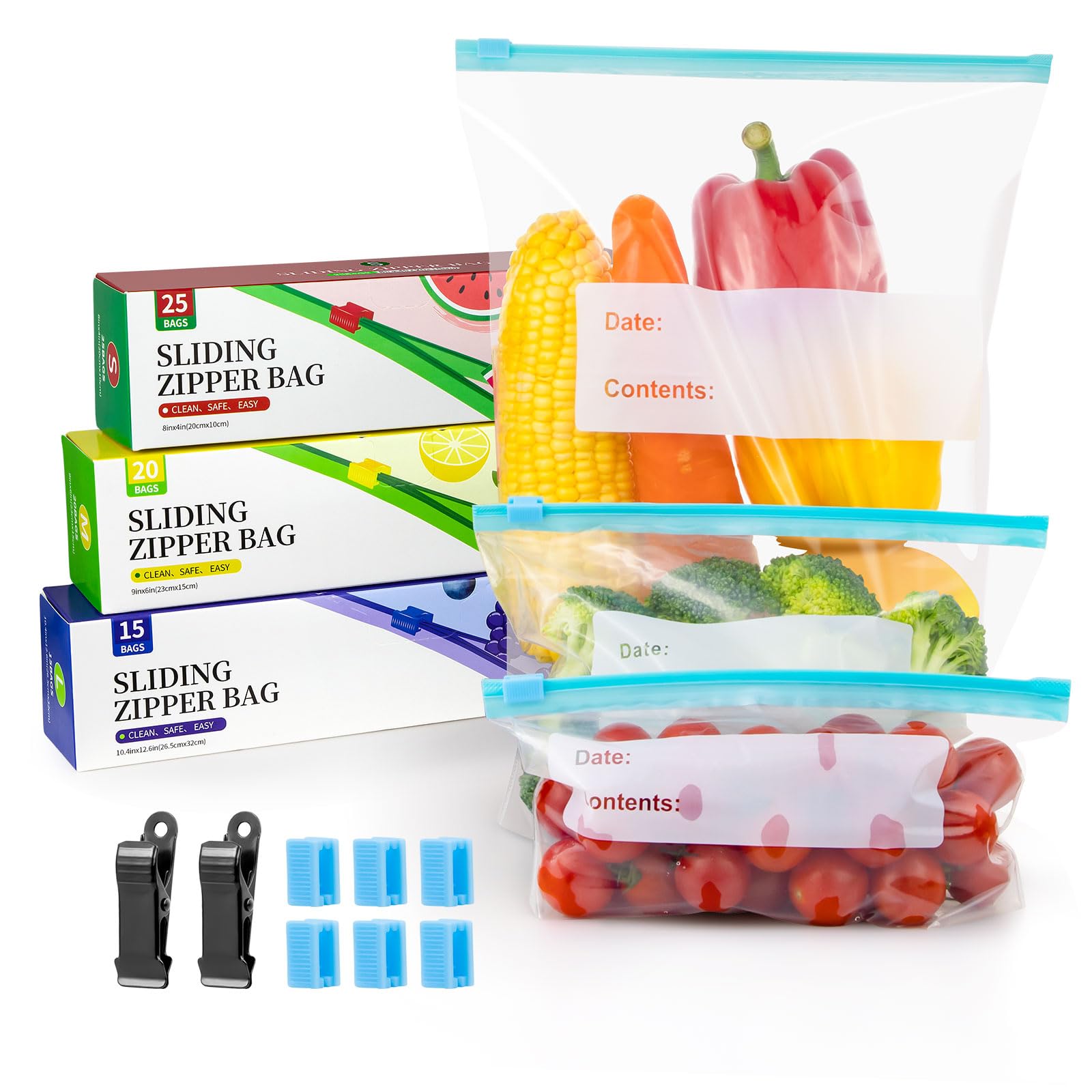 60 PCS Freezer bags, With 3 Sizes, 6 Sliding Buckles, 2 Clips, Food Storage Zip Lock Bags Reusable Food Storage Bags with Expandable Bottom, BPA Free Zip Seal Freezer Bags for Fruits, Vegetables, Meat