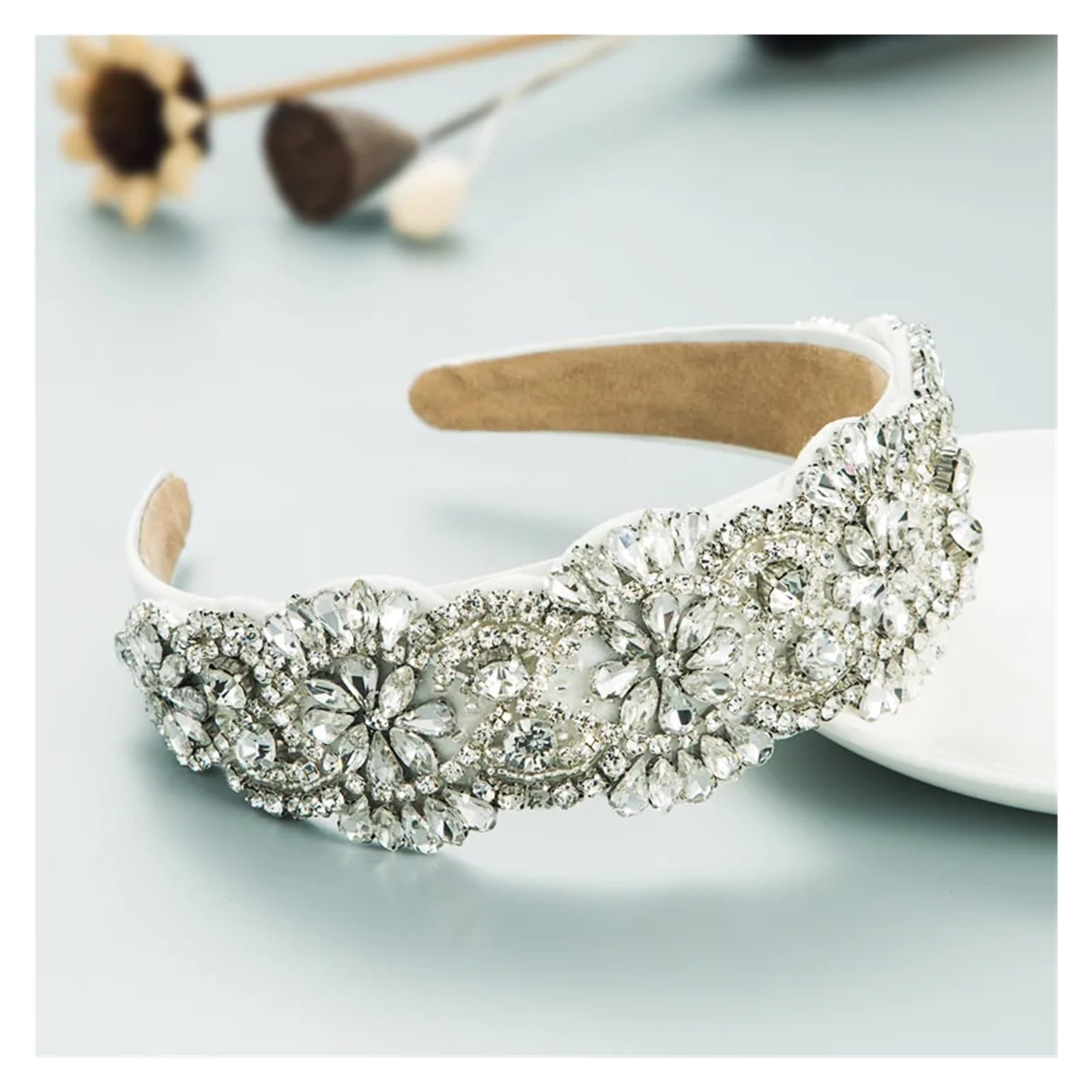 Cerchietto for capelli, Accessori for capelli con fascia in strass, Cerchio for capelli a tesa larga con fiore di strass in vetro colorato cucito a mano (Colore : Champagne Yellow) (Color : White)