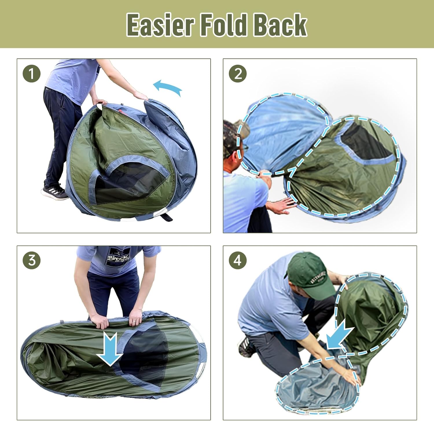 Four-panel image showing the step-by-step process of folding the Night Cat Pop-up Camping Tent back into its compact form.