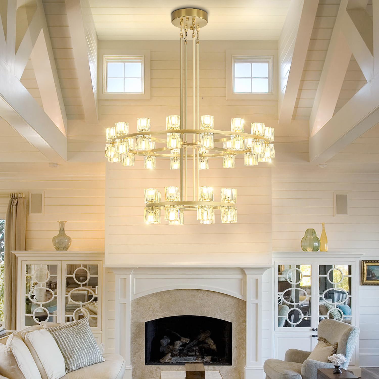 D16 D32 2 Tier Gold Wagon Wheel Chandelier 48-Lights Farmhouse Pendant Light Fixture Round Rustic Hanging Lighting for