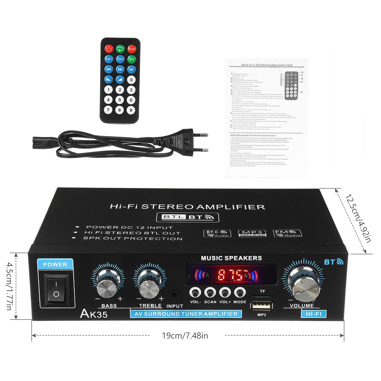 Amplificatore audio AK45, amplificatore stereo, amplificatore Bluetooth 5.0 HIFI con telecomando per auto e casa con ingresso MIC/SD/USB, radio FM