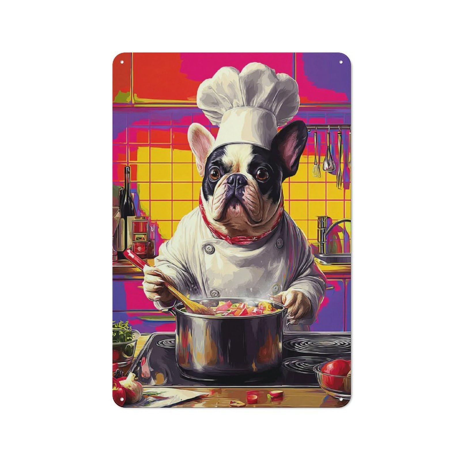Junmoney Bulldog Chef Cooking In Kitchen Metal Wall Sign 30X20cm Featuring For Bar Or Restaurant, For Themed Interiors In Bars And Restaurants
