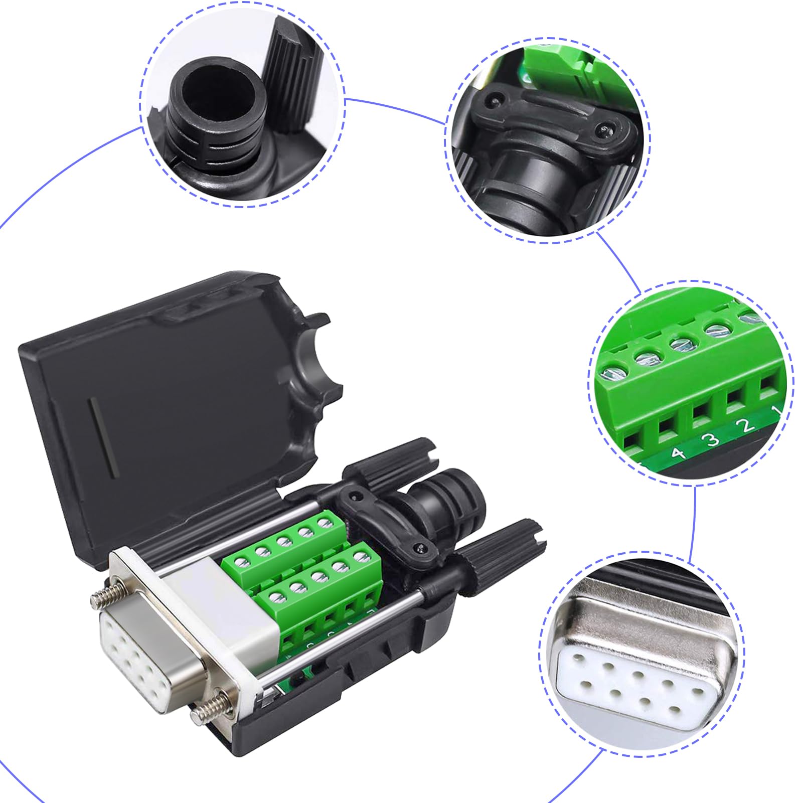 Per connettore DB9 senza saldatura, RS232 DB9 Breakout maschio D SUB accessorio seriale a 9 pin morsetto di collegamento con dado, 4 pezzi