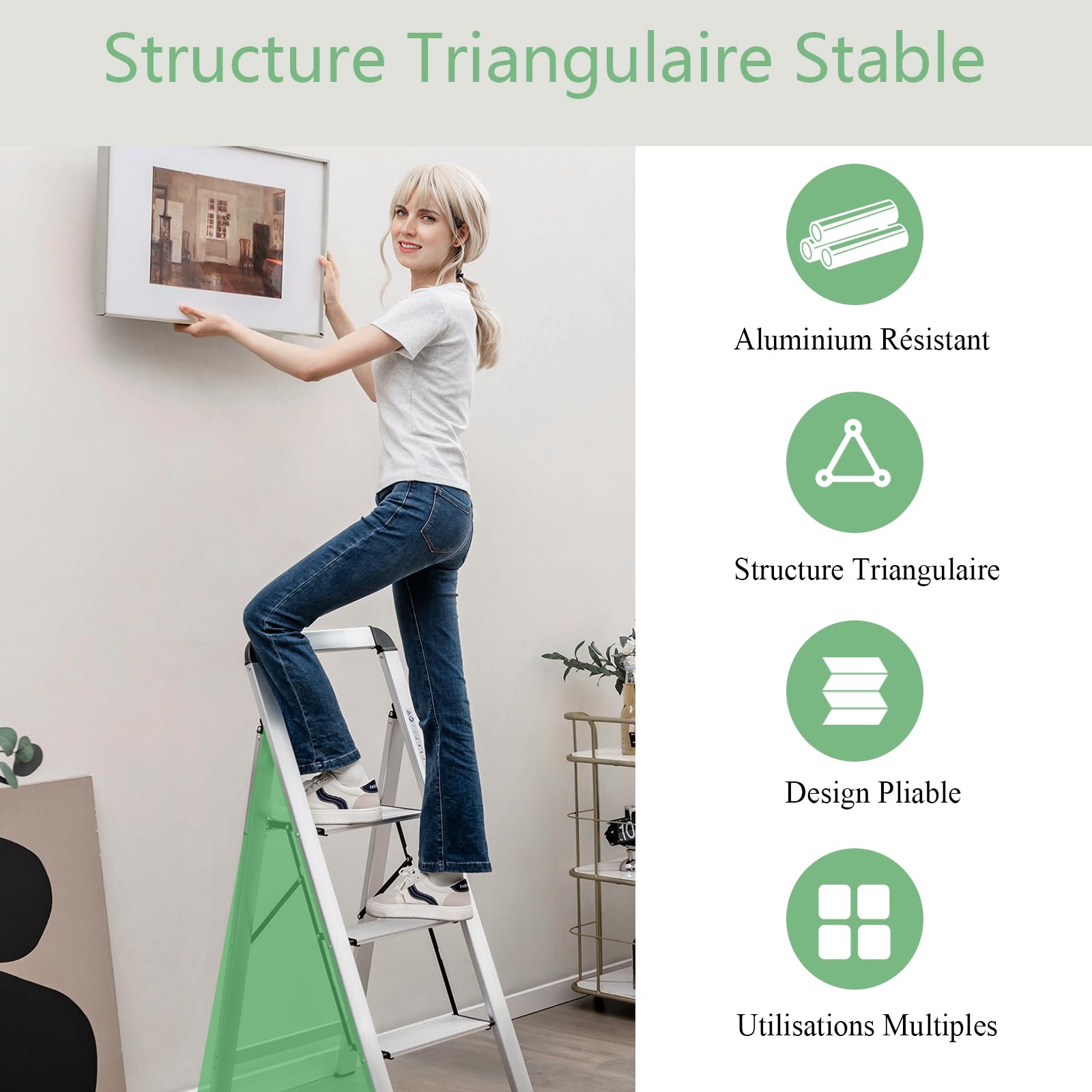SOARS Scala 3 Gradini in Alluminio, Scaletta Pieghevole con Piedini Antiscivolo, Leggera e Portatile, Portata 150 kg, Attacco & Fibbia di Sicurezza, per Casa, Officina, Garage, 44 X 62 X 109 CM