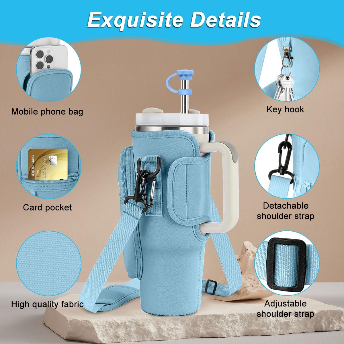 Borsa Per Bottiglia D'acqua Con Tasca Per Cellulare, Adatta A Stanley Cup 40 Oz Portaborraccia Con Cinghia Regolabile E Coperchio Con Cannuccia Accessori Per Tazze Stanley Gs