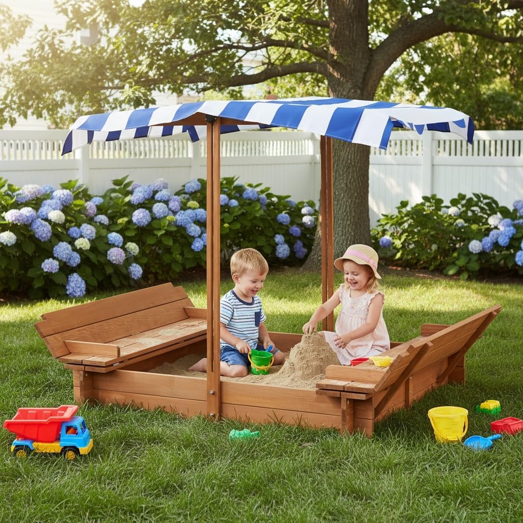 46'' Wooden Sandbox with Lid, Large Sandbox with Cover and 2 Foldable Bench Seats, Outdoor Sandpit with Adjustable Cover for Kids, Backyard, Sand Box