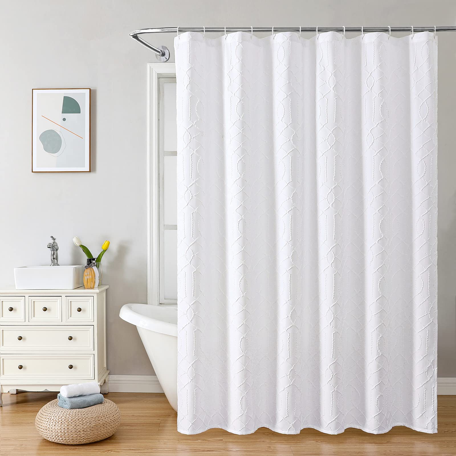 Gibelle Rideau de Douche Extra Long 183 x 213 cm, Grand, en Tissu Blanc texturé en Relief 3D, Rideau de Douche Moderne et élégant pour Salle de Bain avec Crochets