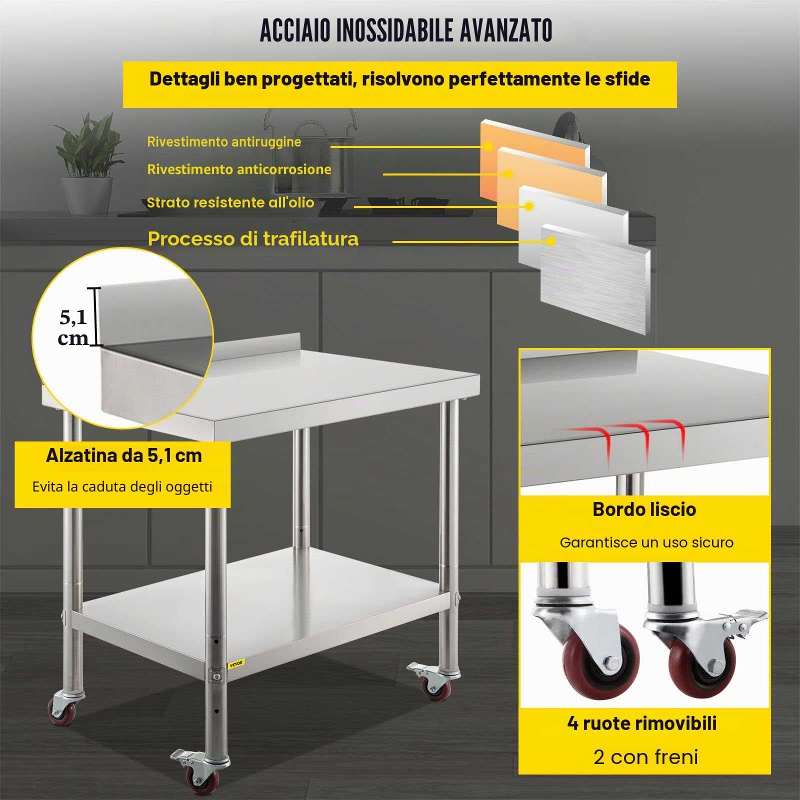 VEVOR Tavolo da Lavoro per Cucina di Preparazione Alimenti in Acciaio Inox 4 Ruote Alzatina 5cm, Piano da Lavoro Ripiano Doppio 91,4x61x89cm con Ruote e Alzatina Capacità Carico 200kg, metallico