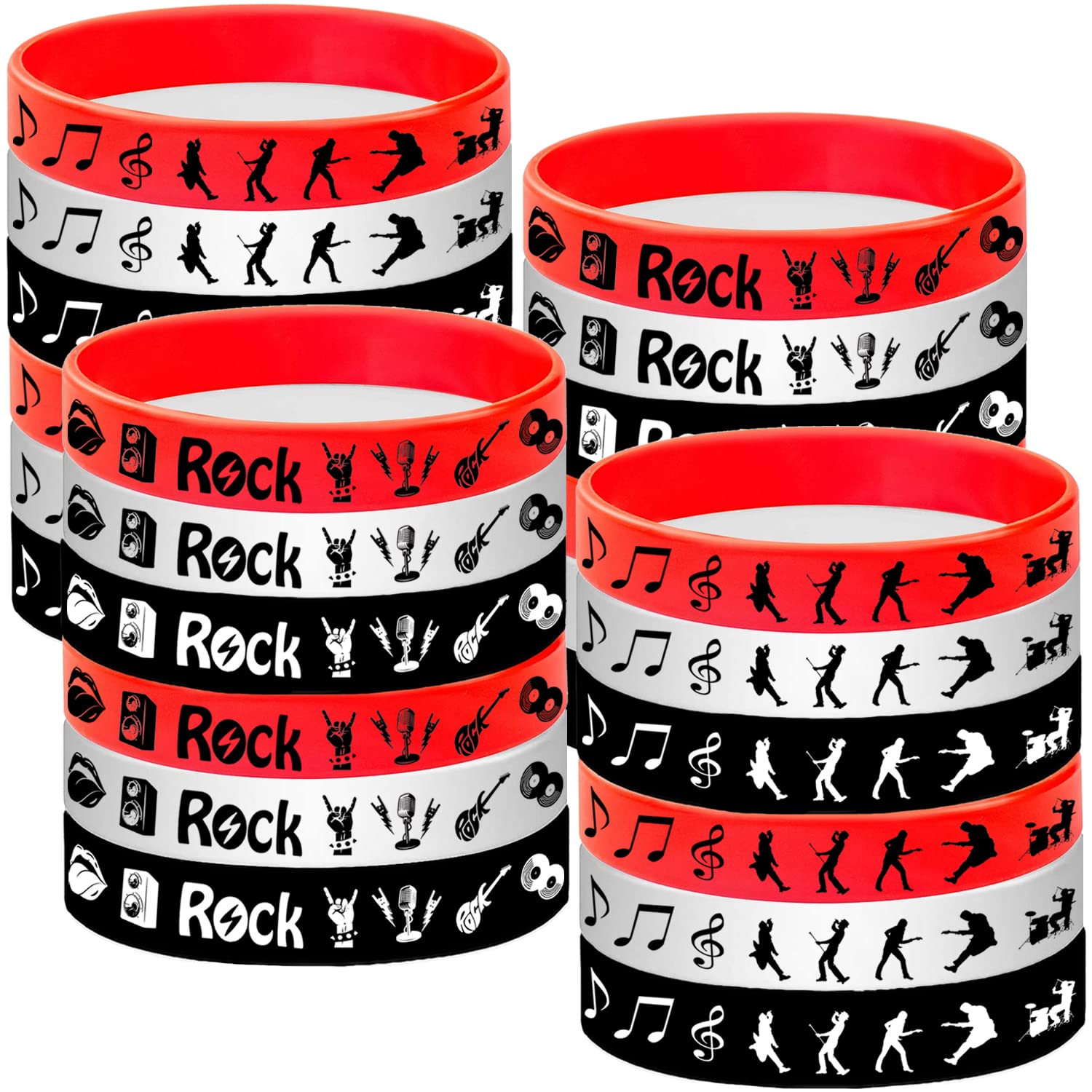 ATSMOICY 48PCS Rock and Roll Rubber Bracelets Silicones Wristbands -80s 90s Themed Musician Guitar Rap Party Supplies Decorations Birthday Baby Shower Party Favors