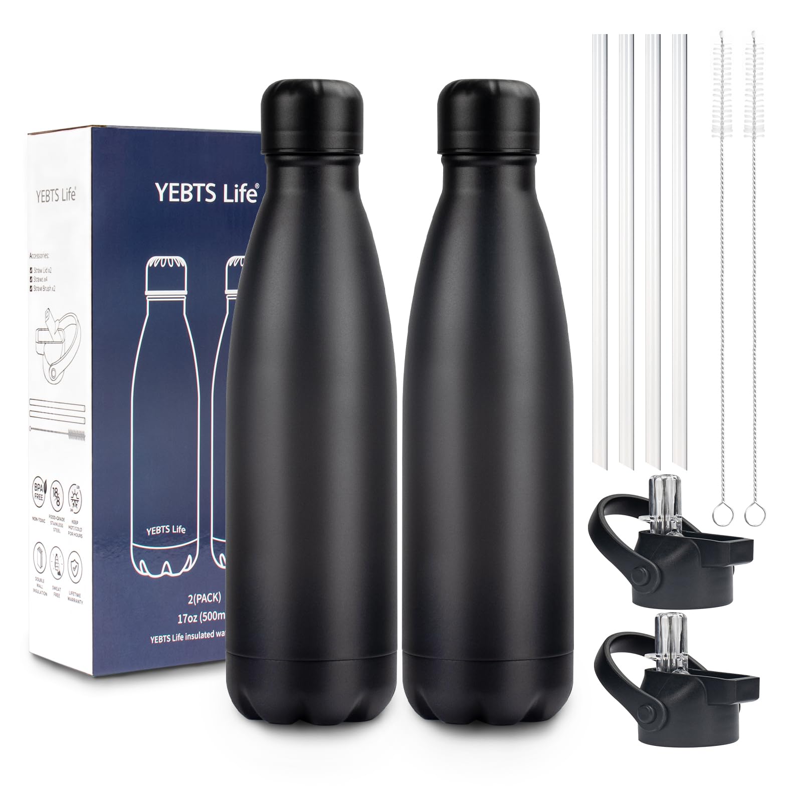 Amazon.com: Insulated Water Bottle, 2 Pack-17oz Stainless Steel Water  Bottles with straw lid, Metal Sports Water Bottles for Boys,Girls, Double  Wall Vacuum BPA-Free Flask for School,Sports & Travel-Black: Home & Kitchen