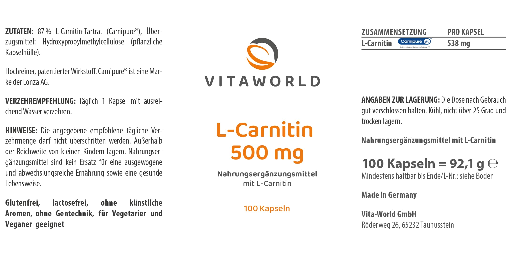3er Pack Vita World L-Carnitin 500mg 300 Kapseln Vegan Apotheken Herstellung