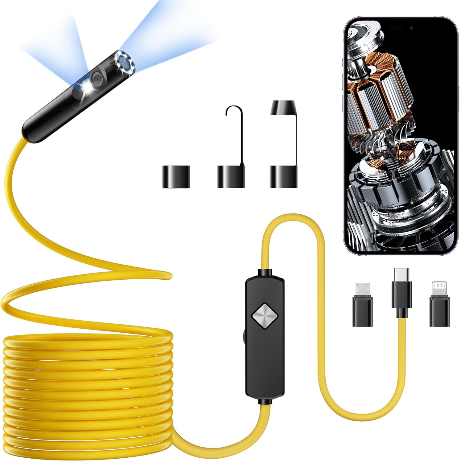Endoscope with Light, 1920P HD Borescope with 8 Adjustable LED Lights, 16.4FT Semi-Rigid Snake Camera, IP67 Waterproof Inspection Tool for iPhone & Android - Dual Lens (Yellow)