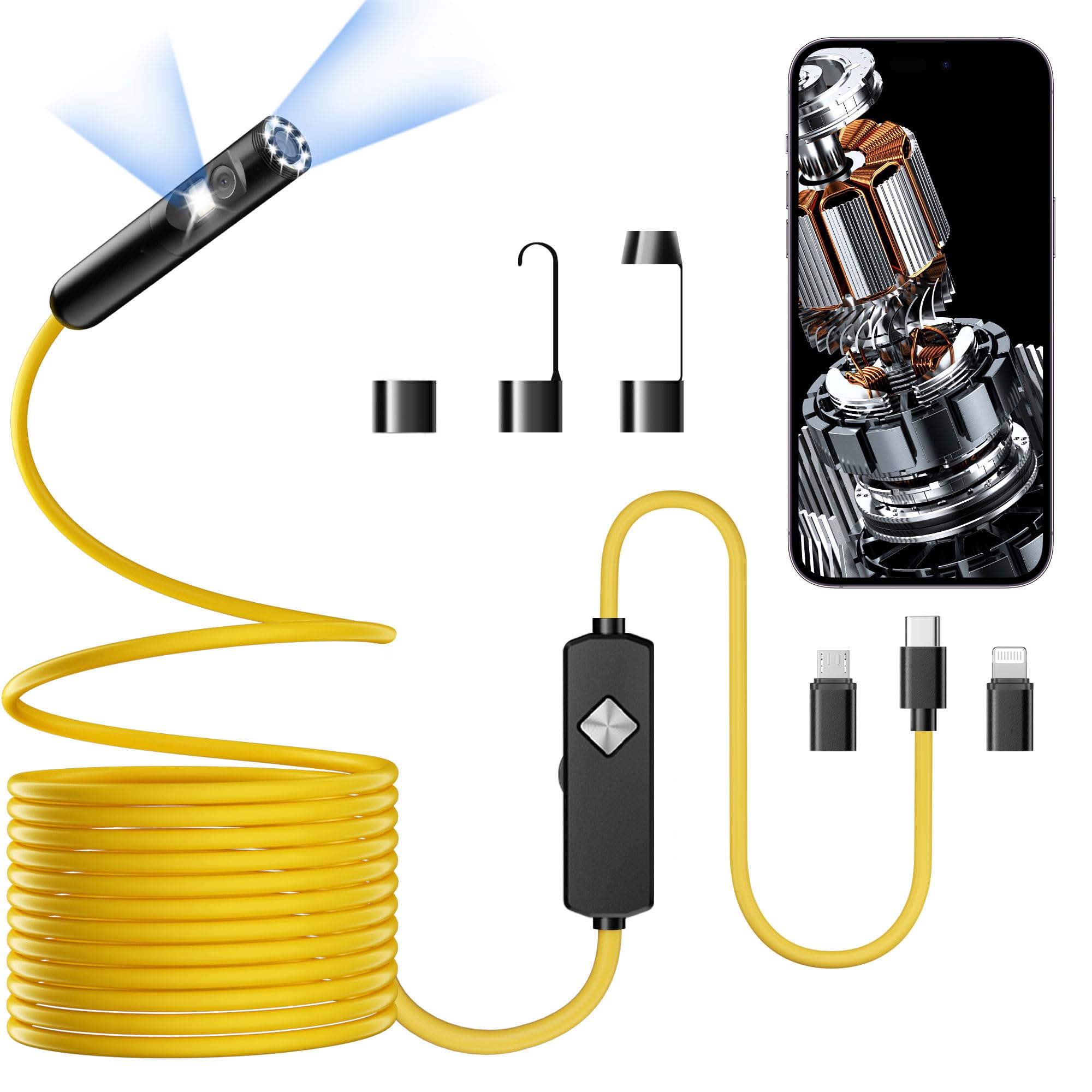 Endoscope with Light, 1920P HD Borescope with 8 Adjustable LED Lights, Semi-Rigid Snake Camera, IP67 Waterproof Inspection Tool (16.4ft, Yellow + Dual Lens Wiring Harness)