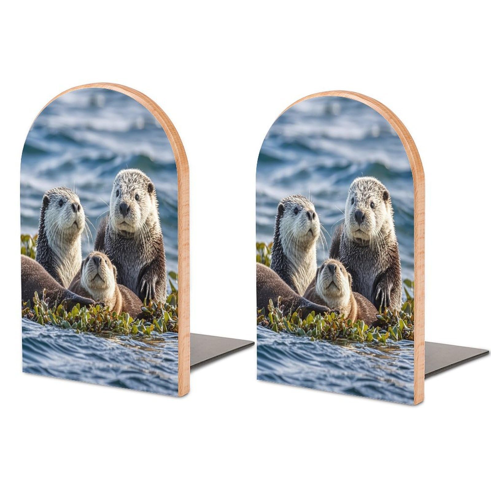Sea Otters Book Ends Wood Non-Skid Bookend for Shelves Heavy Duty Bookends with Metal Base Decorative Books Stopper Desk Organizers Book Dividers for Office Home 1 Pair