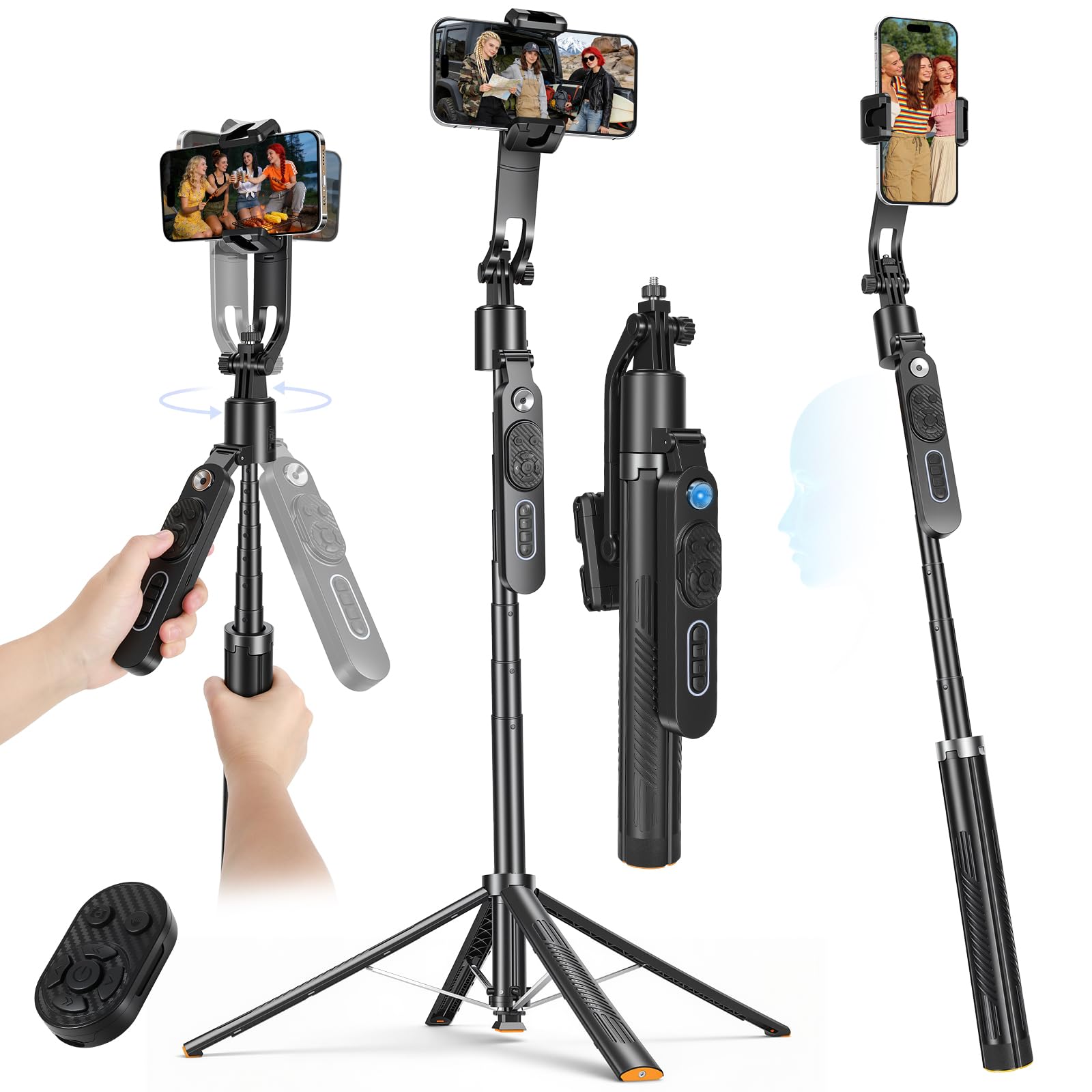 Treppiede per selfie da 72 pollici, per iPhone, Android, con apertura automatica, rotazione a 360° e telecomando con controllo gestuale per vlogging/tiktok/trucco