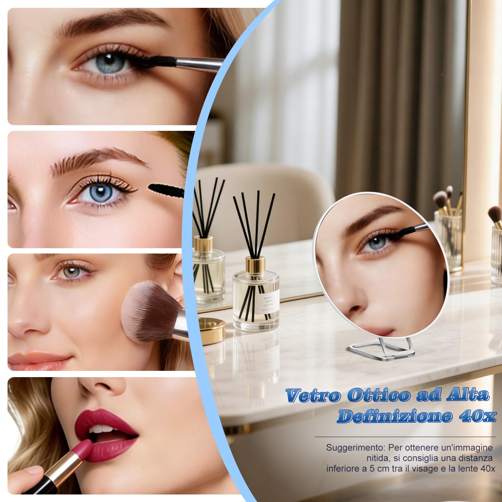 Specchio Ingranditore 40X, Specchio per Il Trucco Con Funzione Di Ingrandimento, Specchio Portatile Include Supporto, Pinzette E Forbici, Specchio per Il Trucco Da Viaggio, uso a 5-8CM
