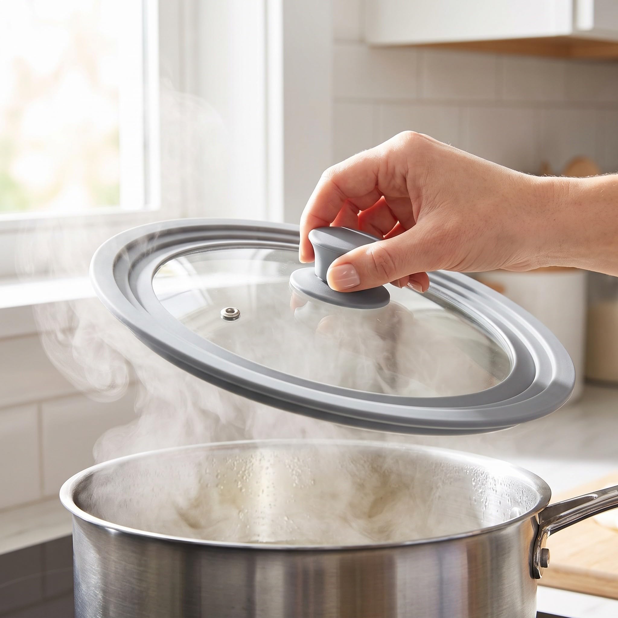 OUNONA Coperchio universale per pentole, padelle e casseruole - Coperchio in vetro temperato antigoccia da 33 cm con bordo in silicone - di ricambio resistente al calore per pentole e padelle da