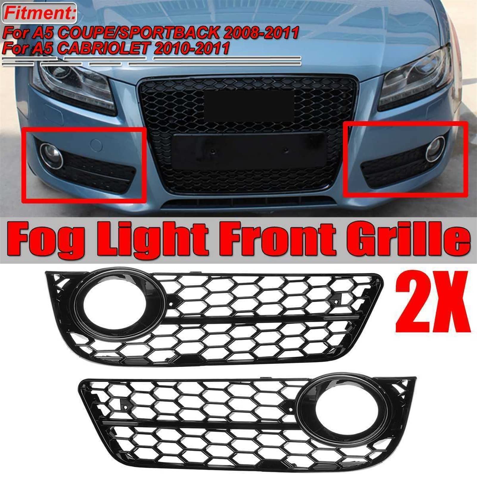 UNARAY Auto Paraurti Anteriore della Luce di Nebbia della Lampada Griglia Griglia di Copertura Maglia A Nido d'Ape Hex Fit for A5 Coupe/Sportback 2008-2011 Cabriolet 2010-2011