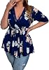 SOLY HUX Womens Plus Size Peplum Tops V Neck Wrap Tie Front Floral Print Lace Trim Casual T Shirt Tops