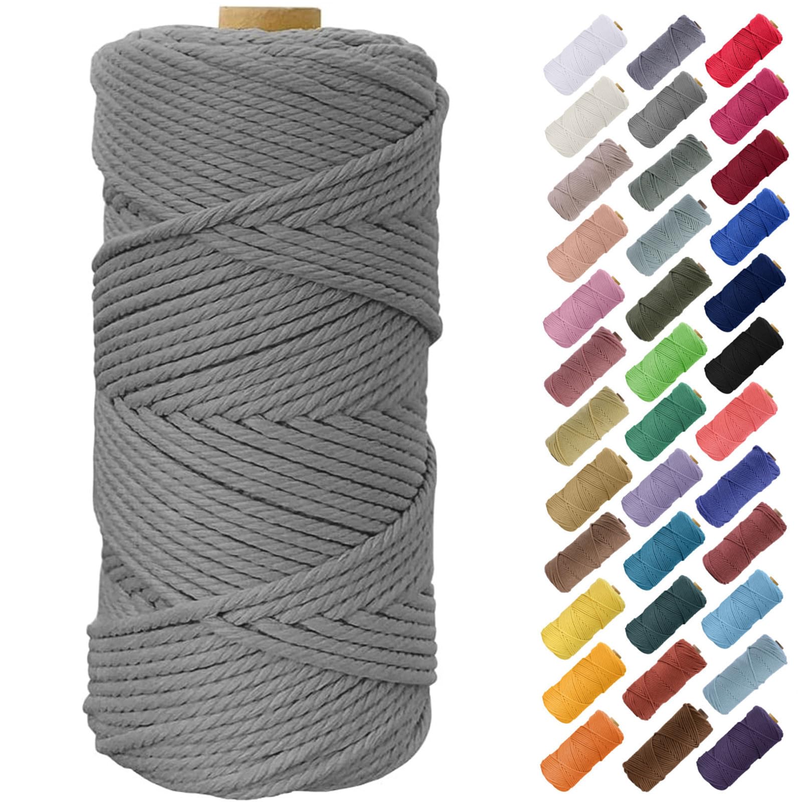 Binwat 5mm x100m Macrame Cord Thick Natural Cotton Cord DIY Crafts Yarn Thread Twisted Spool Twine String Cotton Rope for Wall Hanging,Plant Hangers,Knitting,Decorative Projects(Grey)