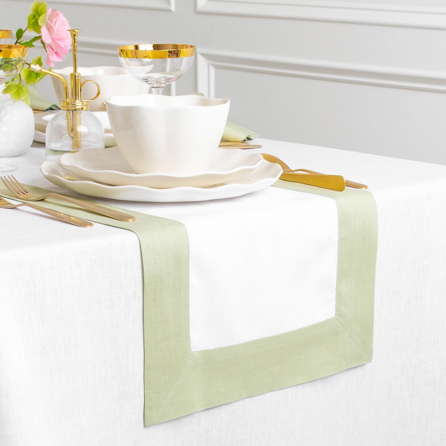 Solino Home Camino de mesa de lino de 14 x 120 pulgadas, 100% lino puro verde salvia y blanco para primavera, verano, comedor, Contempo, hecho a mano de lino europeo y lavable a máquina