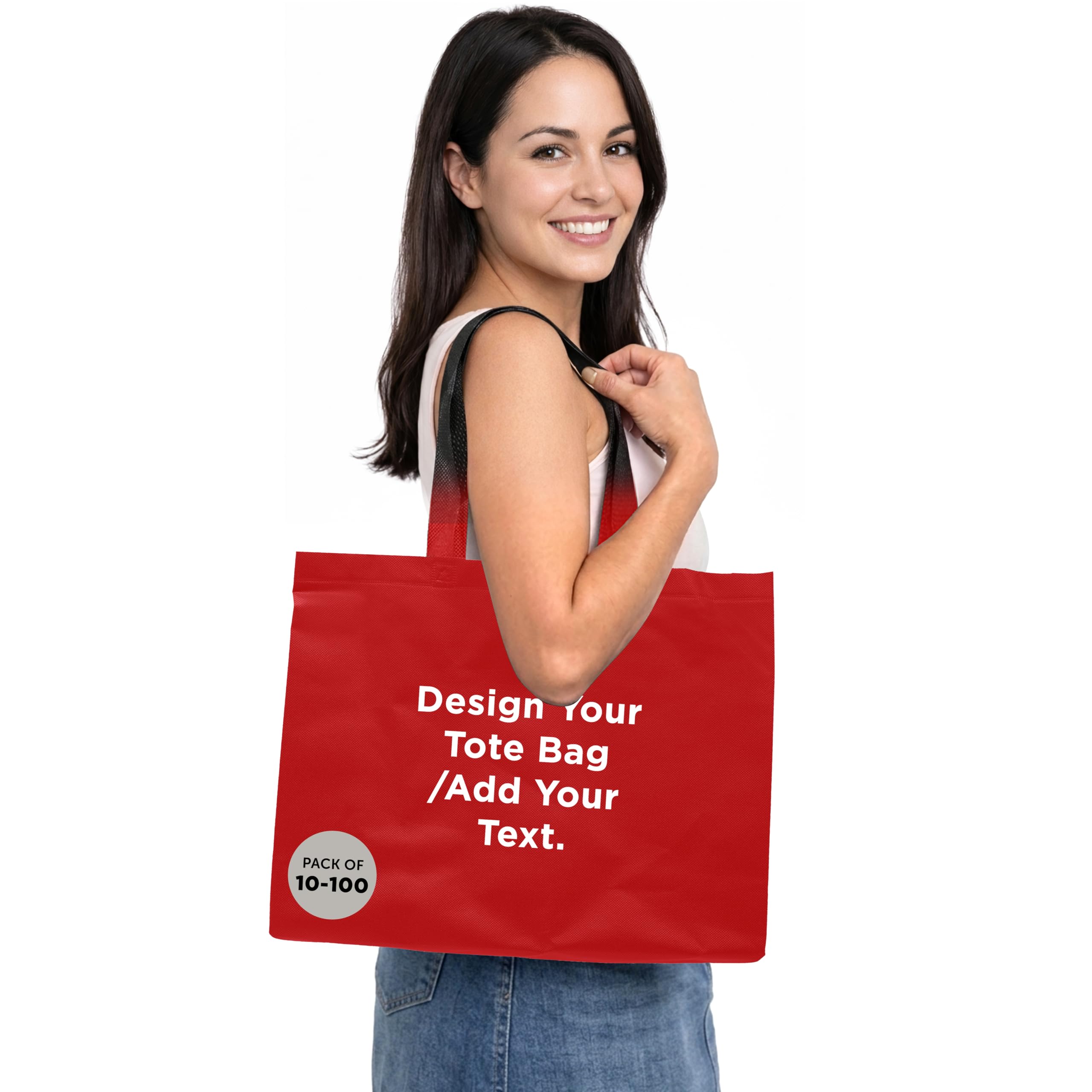 DISCOUNT PROMOS Custom Jumbo Sized Tote Bags Set of 10/50/100, Personalized Bulk Pack - Reusable Grocery Bags, Shopping Bags, Promotional Item Totes for Women - Red - Custom - Red 10/50/100 tote bags