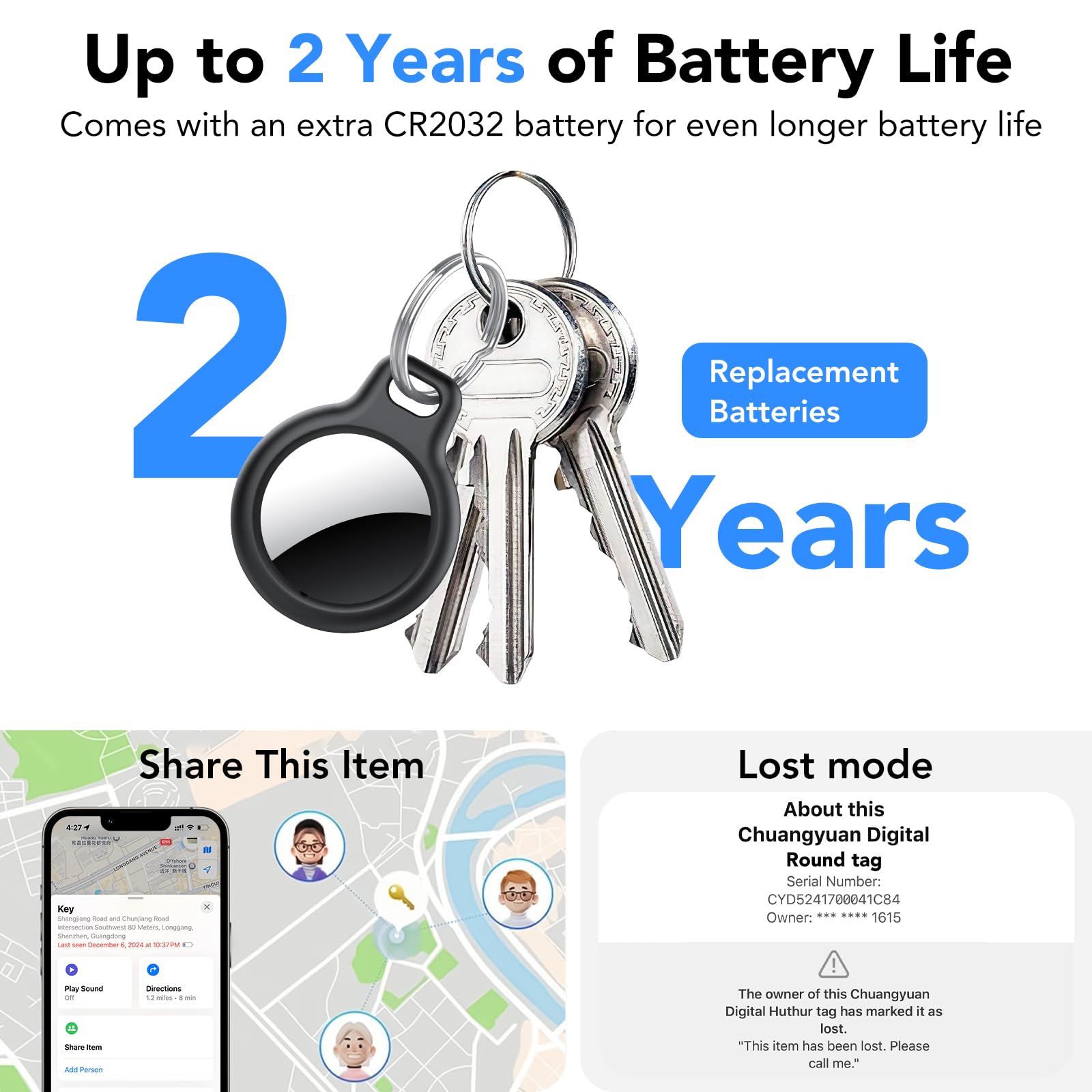 Air Tracker Tag-4 Pezzi, Smart Tag Compatibile con Apple Find My (Solo IOS), Bluetooth Localizzatore per Portafogli, Chiavi, Bagagli, Zaini, 100dB Bip, IP68 impermeabile, Batteria Sostituibile