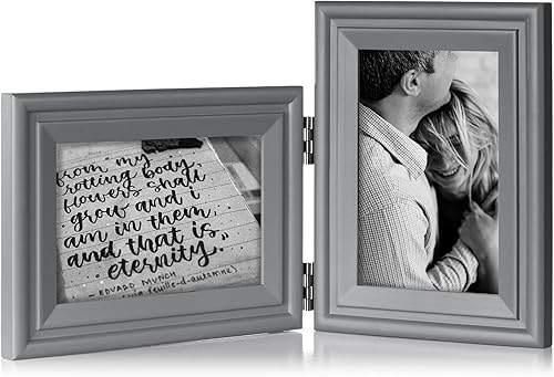 Miniatura 23 de Marco de fotos de madera doble con bisagras de 5 x 7 pulgadas horizontal y vertical en gris, pantalla de 4 x 6 pulgadas con paspartú o 5 x 7