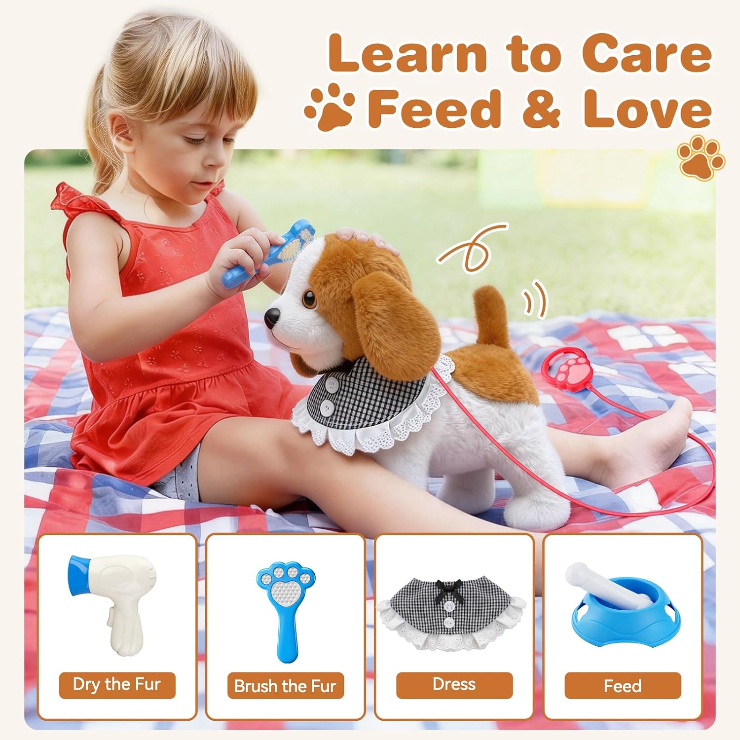 Plush Walking Dog Toy with Leash, Touch Interactive Puppy with Barking, Wagging, Nodding, Musical Dog with 8 Songs & 3 Volume Levels, Pretend Care Set, Gifts for 1 2-3-5 Year Old Girl Boy