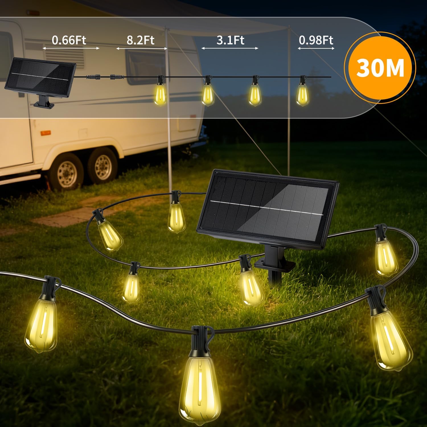 Solar Lights Outdoor Waterproof: ST38 100FT 30M Shatterproof Bulbs Patio Lights - Solar Powered & USB Charging- Remote Control 3 Light Modes Dimmable Solar Light - Camping Backyard Garden