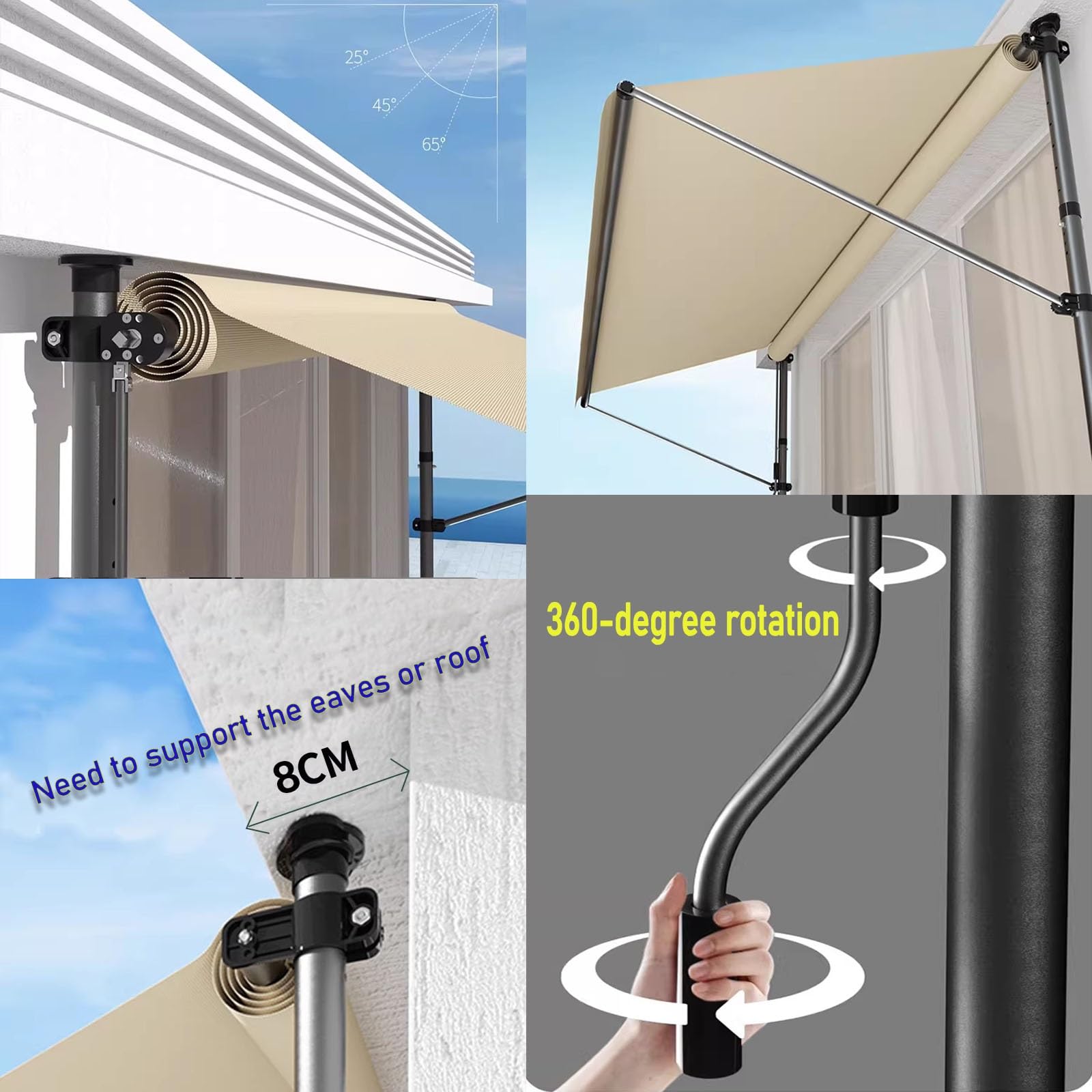 Store Banne Manuel avec Manivelle sans Perçage Auvent Téléscopique Hauteur et Inclinaison Réglable, Résistant aux Intempéries et UV Brise Vue(Gray,59"x59")