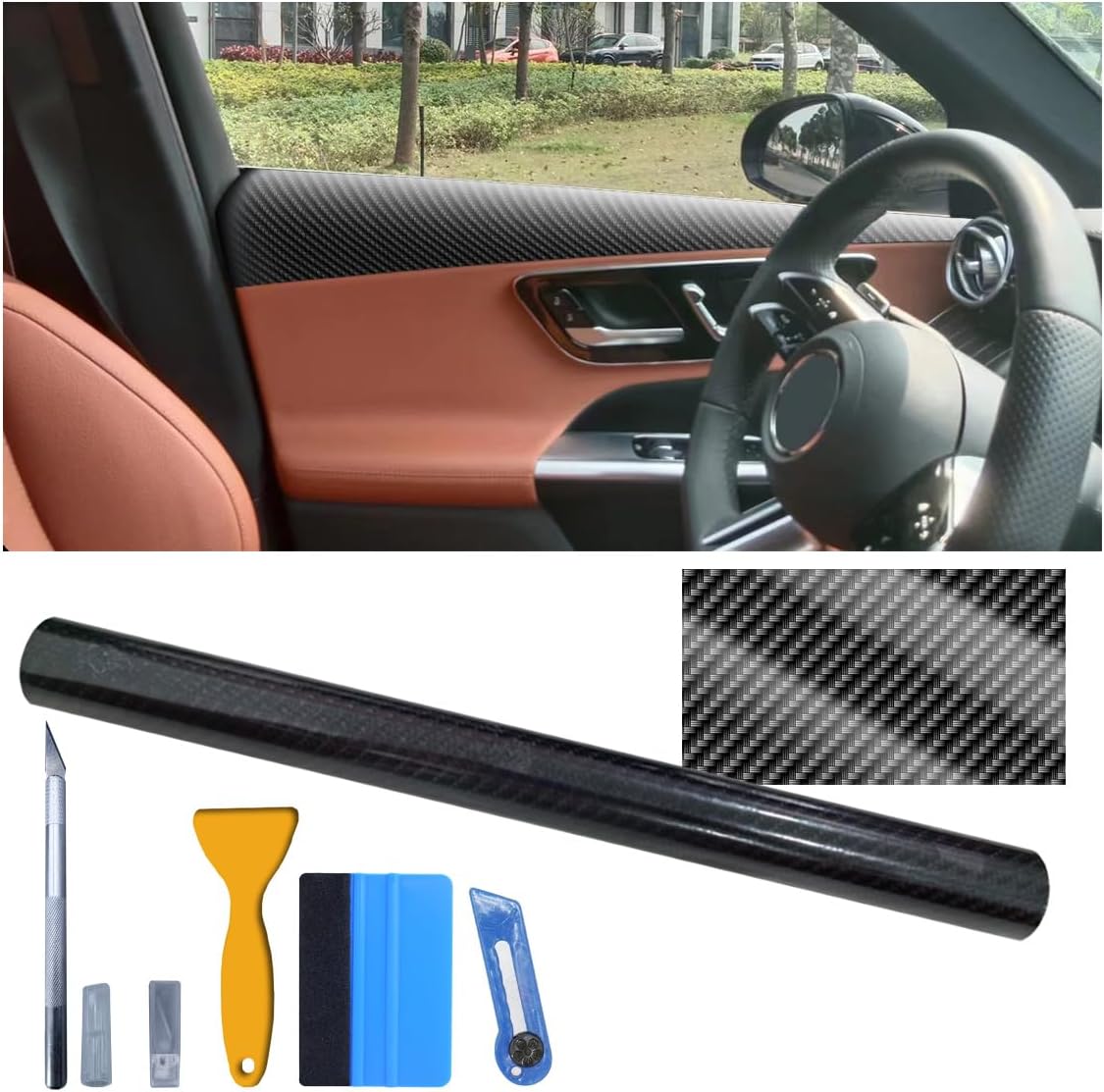 6D Carbon Fiber Tint Vinyl Wrap Film Roll, 1ft x 10ft Car No Bubble Wrap Film Sticker, Car Moto DIY Decal for Interior Exterior (300cm&Tools)