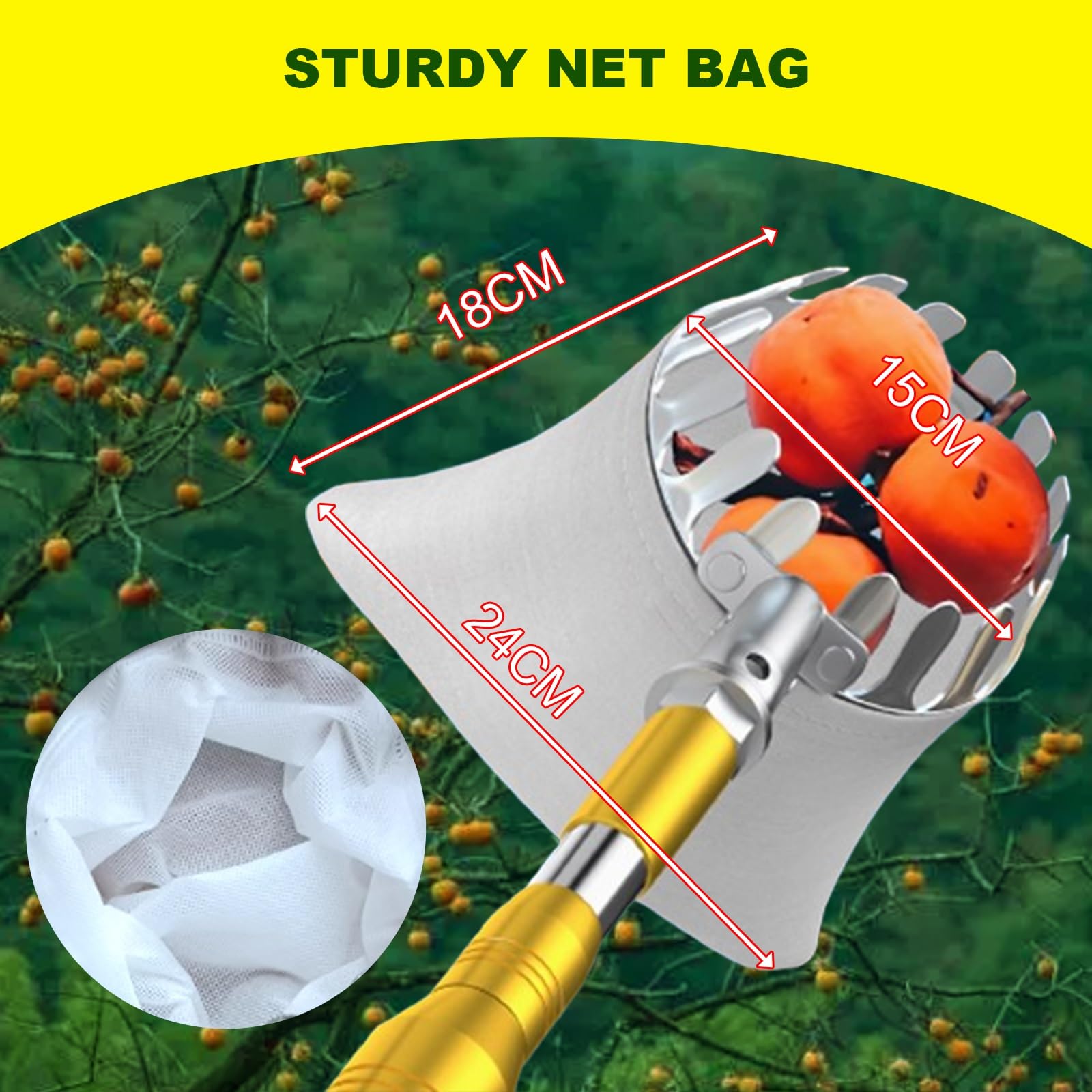 raccoglifrutta, Raccoglitore di fichi con Borsa in Tessuto, Cesto for la Raccolta Frutta for pere, Limoni, Arance, Albicocche, Lime, Acciaio Inossidabile(2.5m)