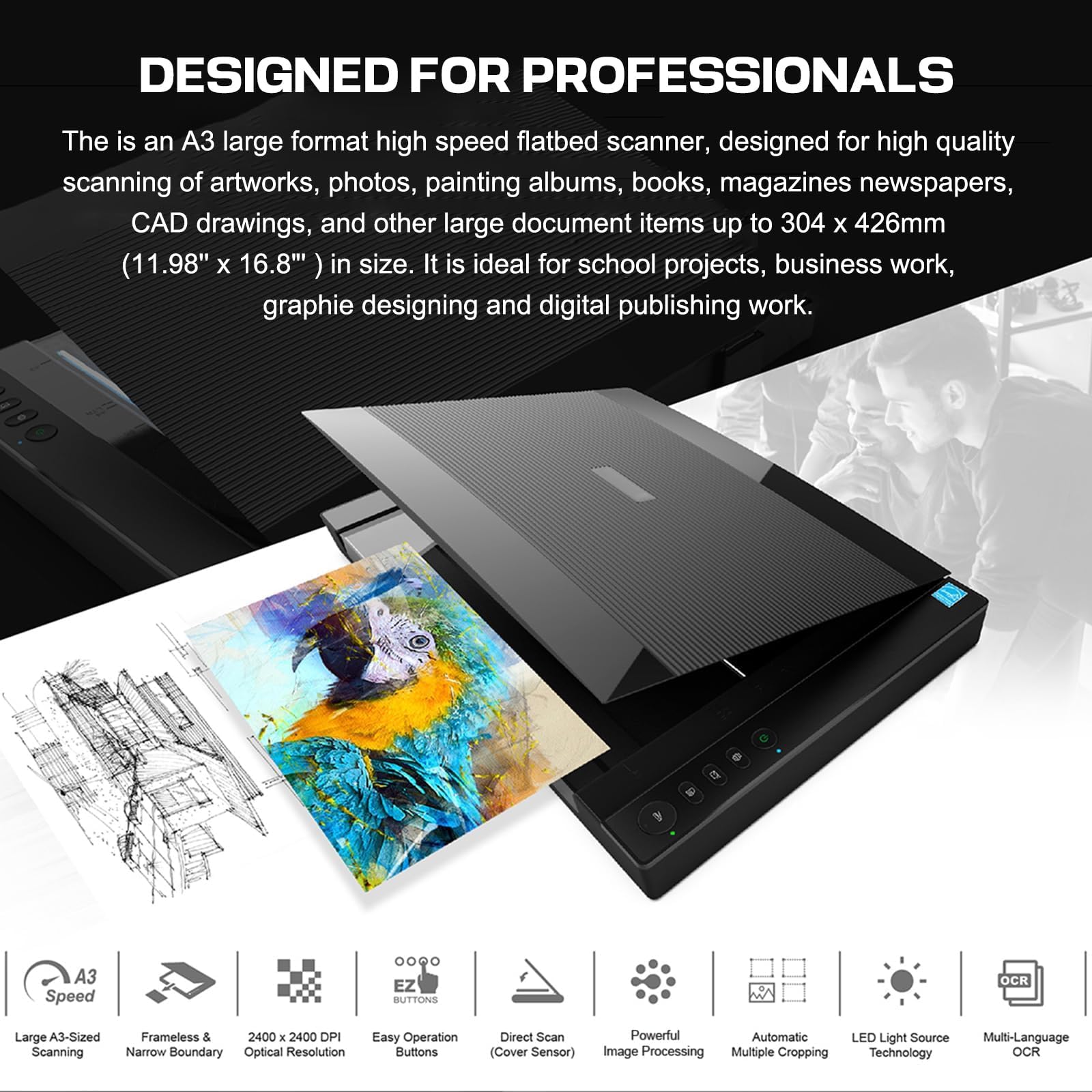 Escáner plano de gran formato, escáner de fotos y documentos de alta resolución de 2400 DPI, escaneos de 12 x 17 pulgadas en 4 segundos para uso en la oficina y la escuela