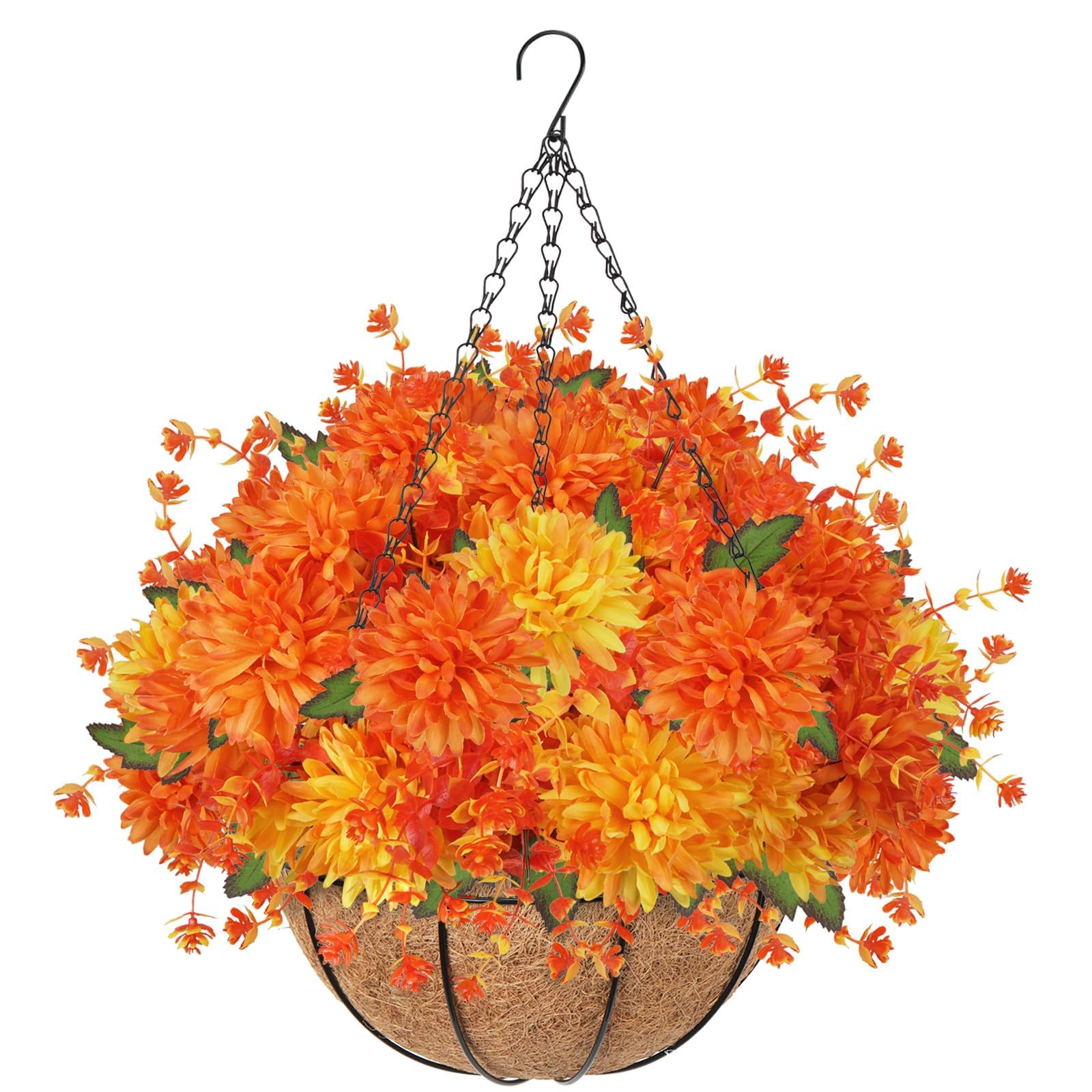 Autumn Artificial Hanging Baskets Outdoor Orange Artificial Flowers Autumn Decorations UV Resistant Faux Hanging Baskets Fall fake Chrysanthemum Flowers Silk Mums Flowers for Garden Porch Home Decor