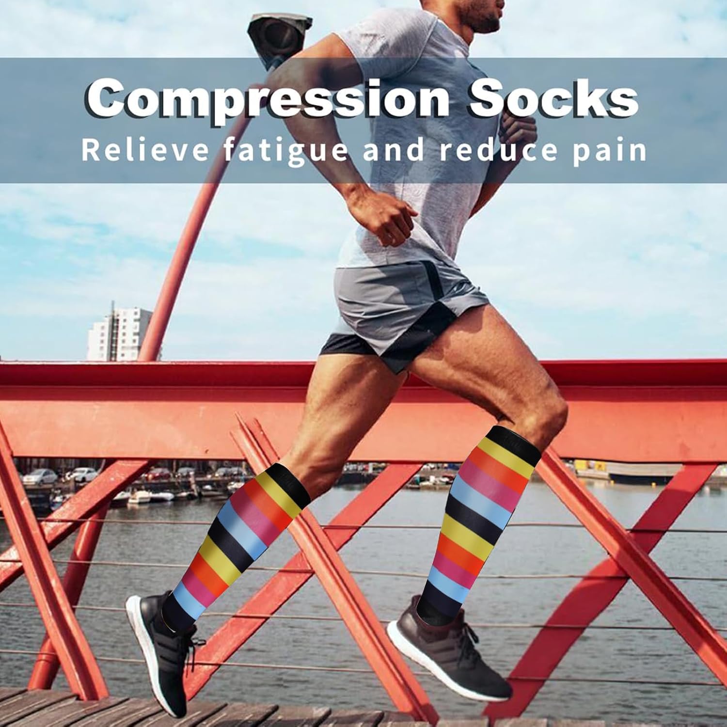 Meias de compressão para mulheres e homens, meias divertidas e coloridas, melhor suporte até o joelho, meias de atletismo de viagem graduadas