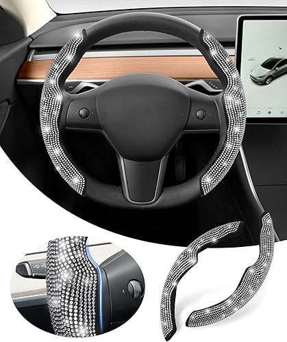 Funda brillante para volante de automóvil para Tesla Modelo Y 2020-2023Modelo 3 2017-2023, 2 fundas para volante de automóvil con diamantes de