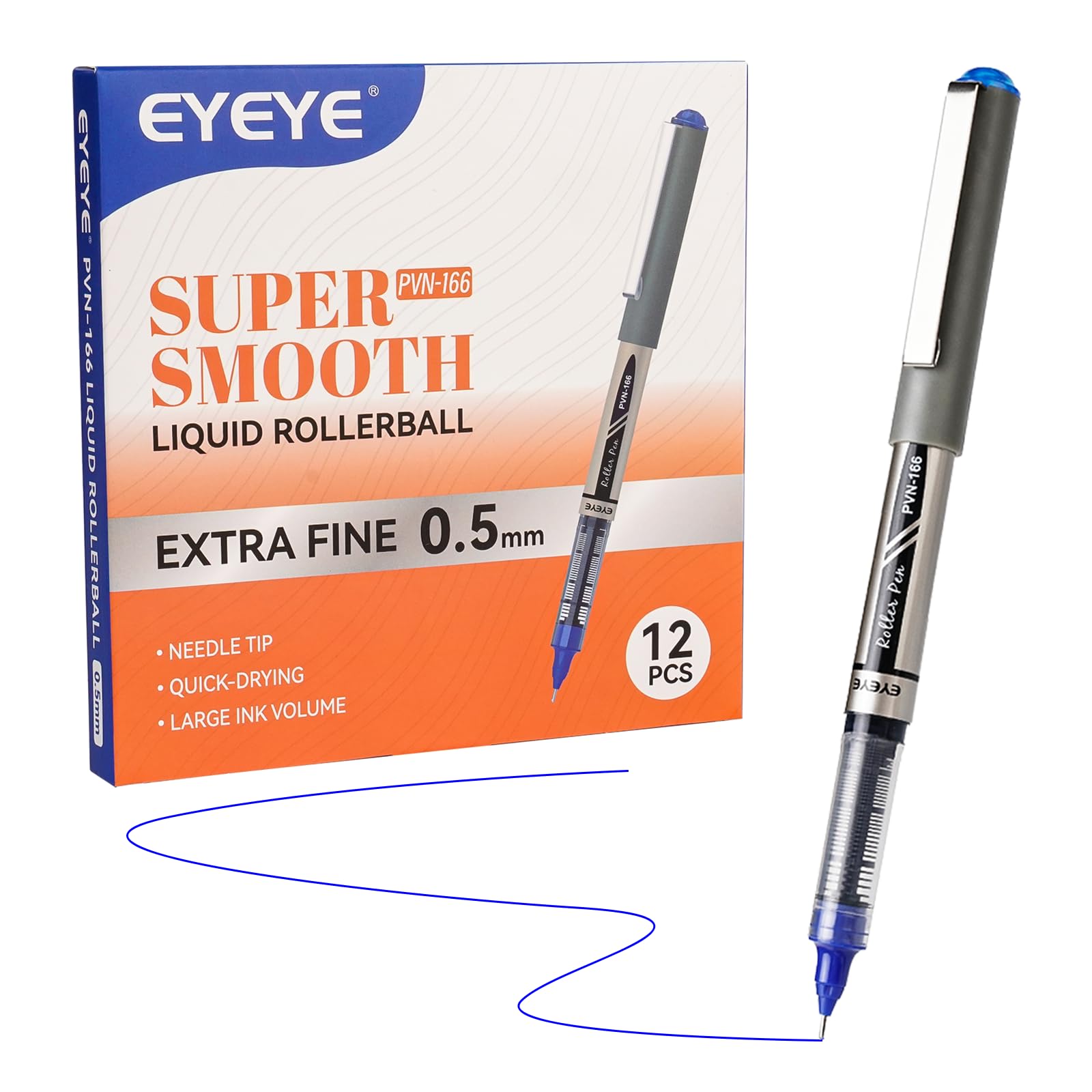 EYEYE 0.5mm Blue Pens Needle Roller Ball, 12 Pack Rollerball Pen Extra Fine Point Quick Dry, Liquid Ink Pens Fine Point Smooth Writing Pen for Colouring, Journaling, Office, School Supplies