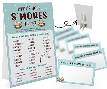 Whats Your Smores Name Game 1 Smores Sign and 30 Name Tag Stickers, Smores Game Party Decoration, Birthday Game for Kids, Family Game-28