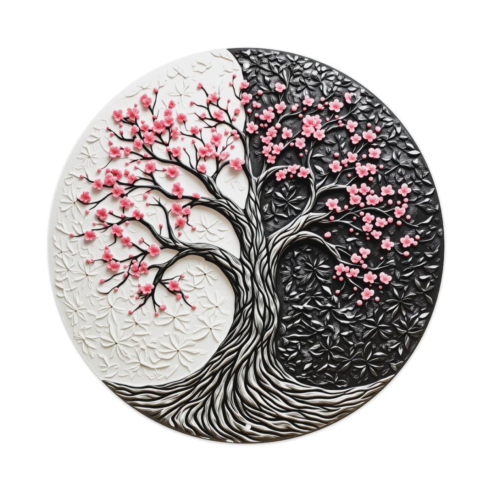 Yin Yang Tree Blossom Pattern Round Metal Tin Sign Vintage Wall Decor, Bar Garage Cafe Kitchen Home Wall Art Poster 8x8inches