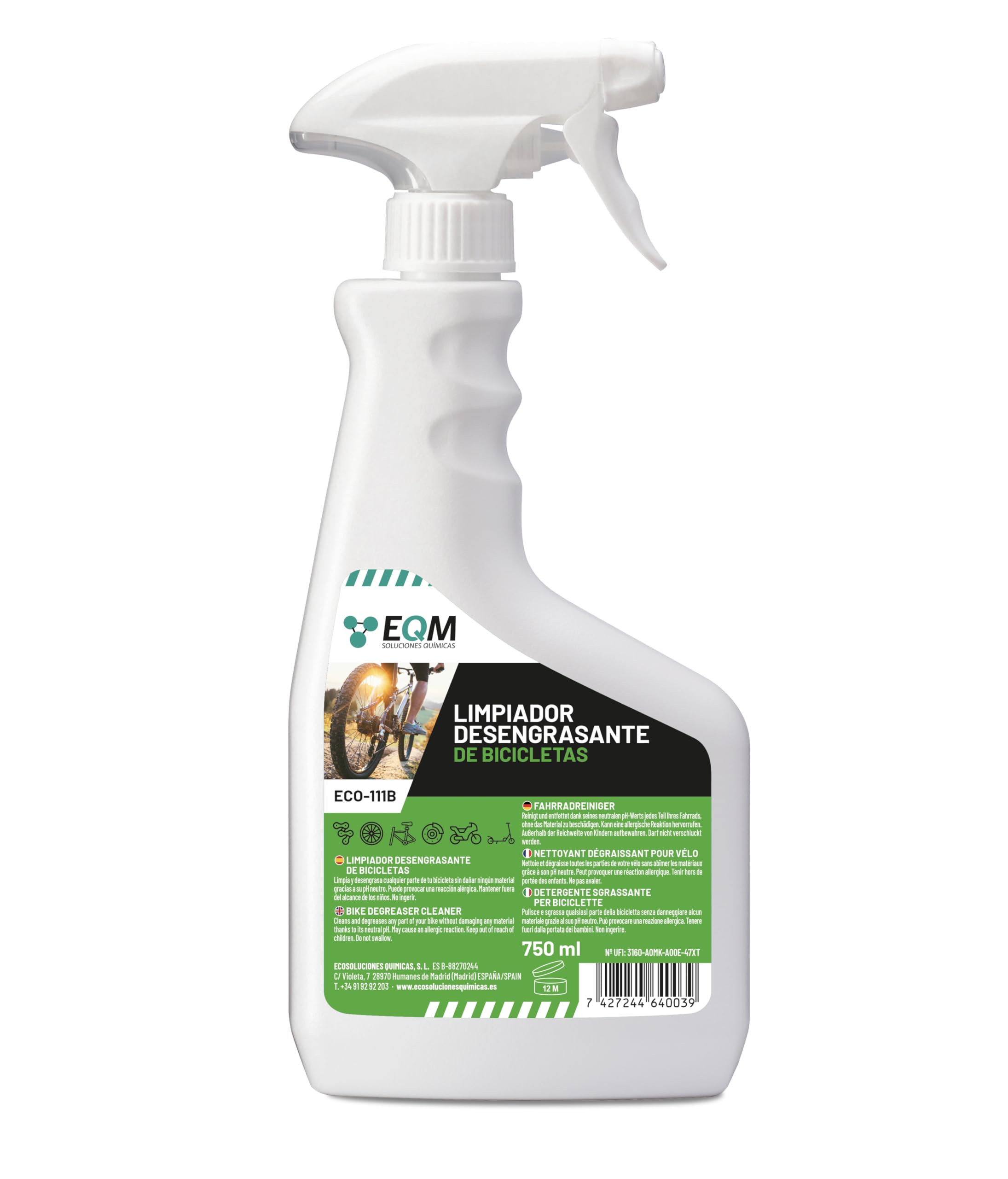EQM - ECO-111B - Desengrasante Neutro para Bicicleta - 750 ML - Válido para Cualquier Material (Aluminio, Titanio, Acero, Anodizado, etc.) - Desengrasante de Cadenas