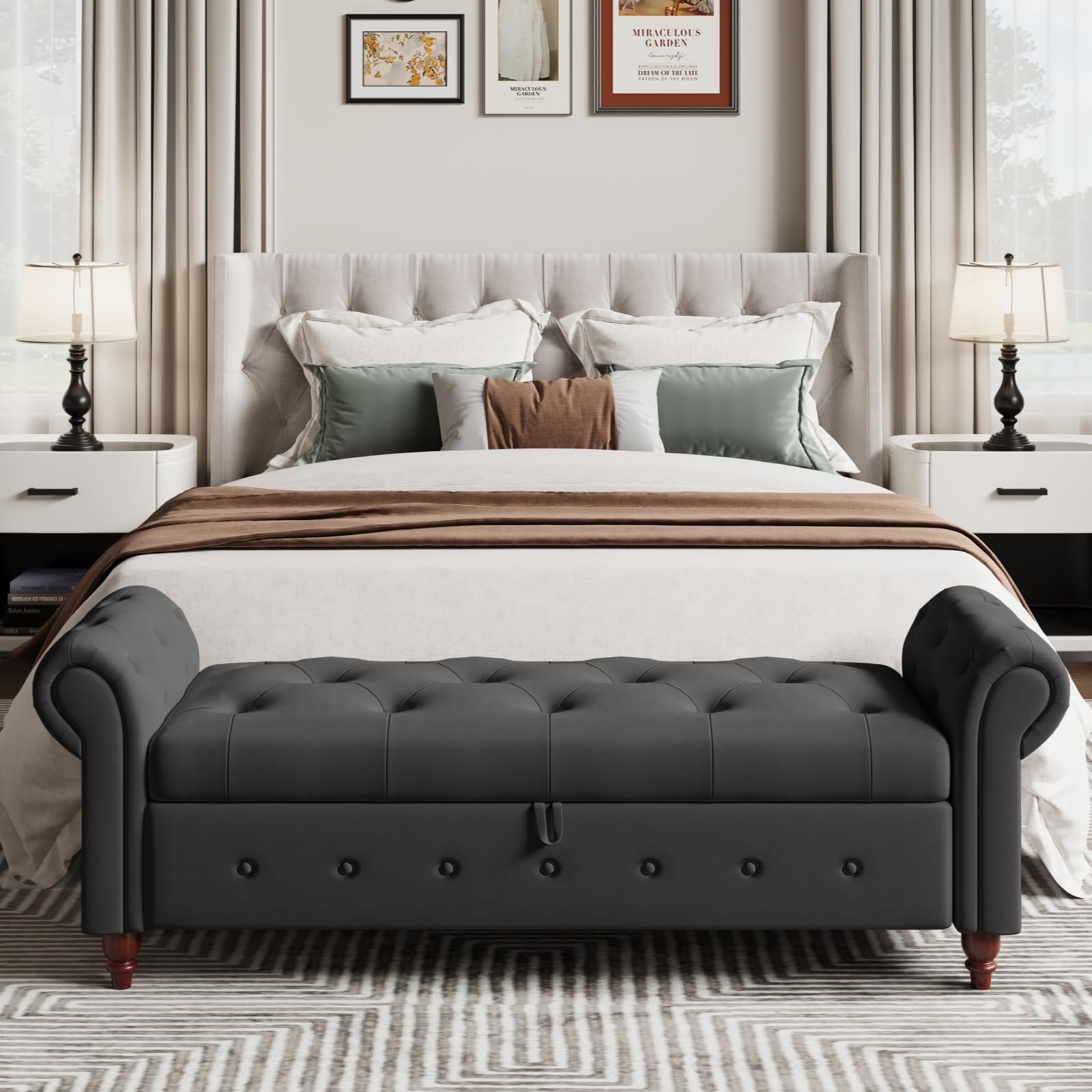 Allnifurv Modern 63'' Storage Ottoman Bench, Upholstered End Bed Bench with Curved Armrest, Button Tufted Entryway Bench with Wood Legs, Bed Bench for