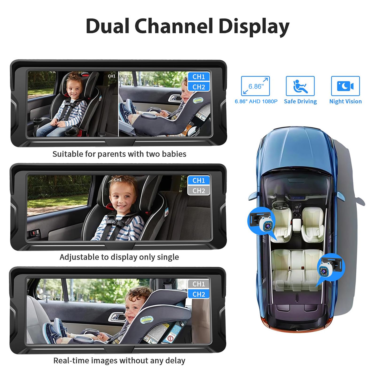 Shkalacar Cámara de coche para bebé, monitor de bebé de 6,86 pulgadas, 1080P, doble canal, con visión nocturna por infrarrojos y ángulo de visión amplio de 150°, para asiento trasero